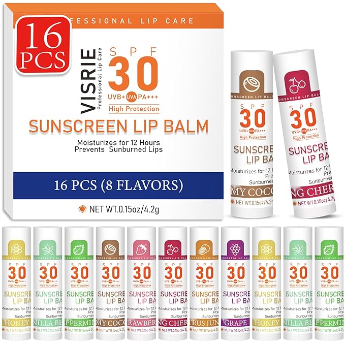 SPF 30 Lip Balm with Sunscreen, SPF Lip Balm Bulk Travel Size-16 Pack, Hydrating Lip Balm Pack with Vitamin E and Coconut Oil- 8 Flavors-Velvo Beauty