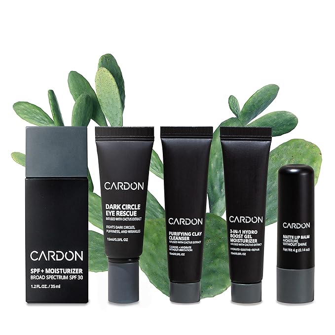 Cardon Jet Set Travel Sized Mens Skin Care Kit, Cactus Based Korean Skin Care Men, Includes SPF Sunscreen Moisturizer, Dark Circle Eye Rescue Cream, Clay Cleanser, 3-in-1 Hydro Gel, Lip Balm- Gift Set-Velvo Beauty