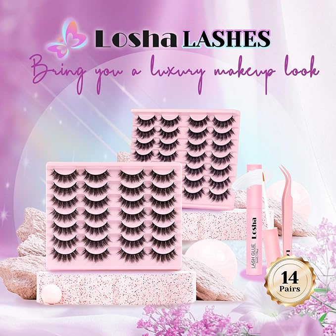 Losha Lashes Fluffy False Eyelashes 5D Volume Eye Lashes Kit with Lash Glue and Lash Tweezers 14 Pairs Vegan Fake Eyelashes Soft Faux Mink Lashes Pack (Thrives)-Velvo Beauty