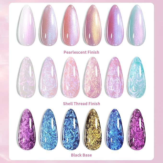 Born Pretty Pearl Gel Nail Polish Aurora Iridescent Glitter Shimmer Mermaid Pearl Gel Polish Drawing Gel Nail Polish Shell Swirl Thread Effect Nail Gel Soak Off Led Summer DIY Gift 6PCS-Velvo Beauty