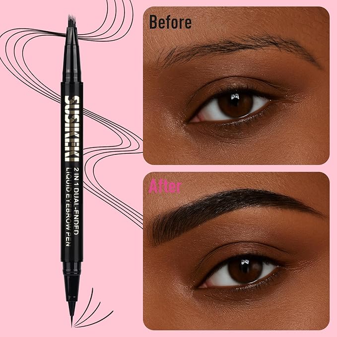 Dual Ended Microblading Eyebrow Pen - 2 in 1 Liquid Eyebrow Pencil with Brow-Fection Angled Brush & Precise Detail Brush-Tip, Shapes & Fills HairLike Looking Brows, Lasts All-Day, Soft Black-Velvo Beauty