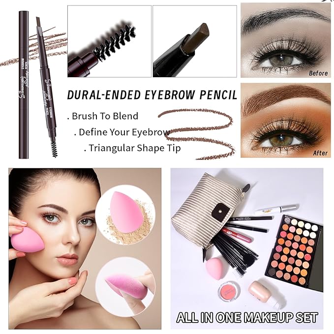 Makeup Set Full Kit for Girls Teens Women, Makeup Present Set, Includes Eyeshadow, Foundation, Blusher, Eyebrow Pencil, Mascara, Eyeliner, Brushes, Lip Gloss, Sponge, Cosmetic Bag-Velvo Beauty