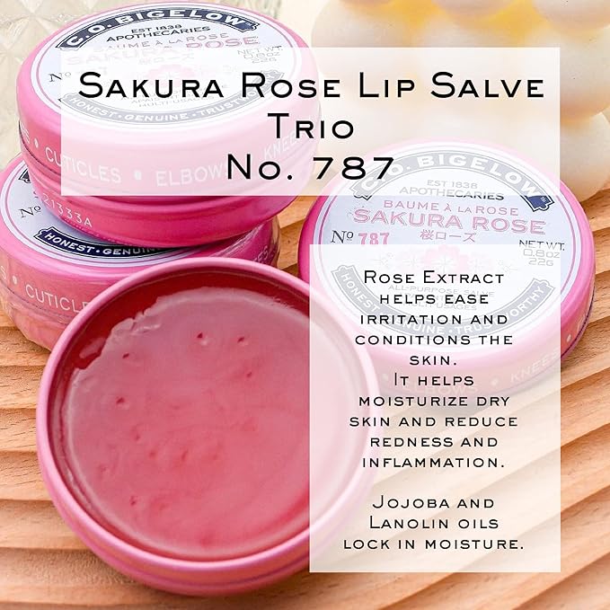 C.O. Bigelow All Purpose Salve Lip Balm Tins, Sakura Rose Salve Pack of 3 for Chapped Lips & Dry Skin - Moisturizing Lip, Cuticle and Skin Salves, 0.8 oz each-Velvo Beauty