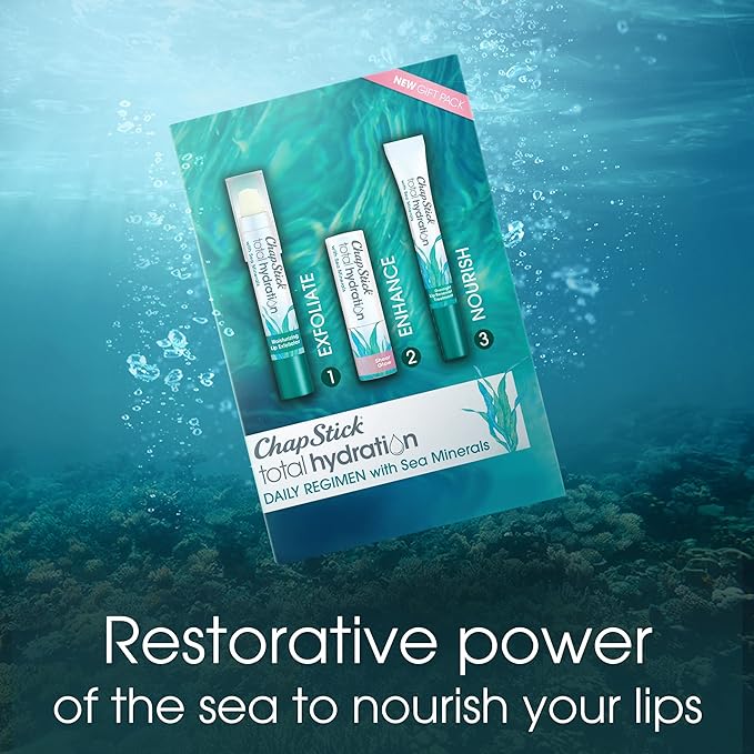 ChapStick Total Hydration Sea Minerals Gift Pack with Moisturizing Lip Exfoliator, Overnight Lip Moisturizer and Tinted Lip Balm - Pack of 3-Velvo Beauty