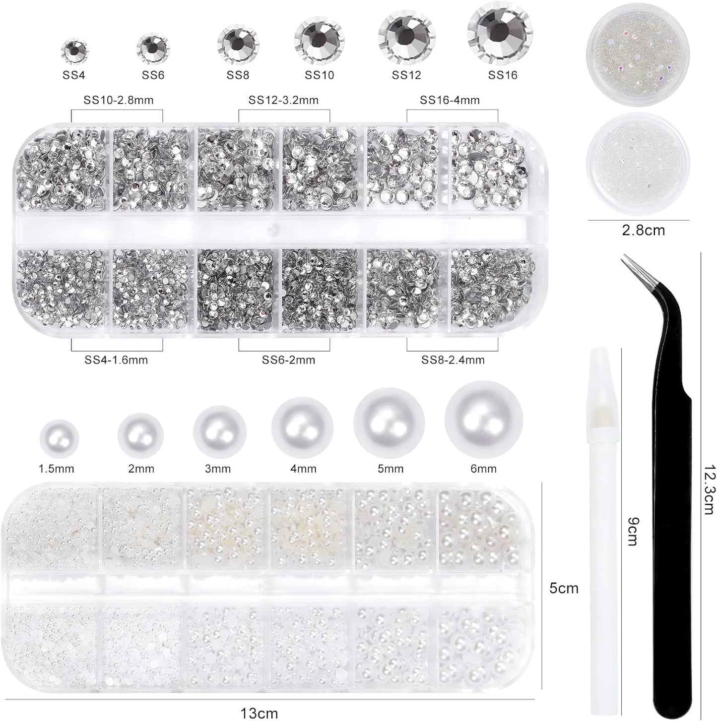 Flatback Rhinestones Half Pearls for Crafting, 1.6-4mm White Glass Rhinestones and 1.5-6mm Small Pearls for Bedazzling, Clothes and Nails Art-Velvo Beauty