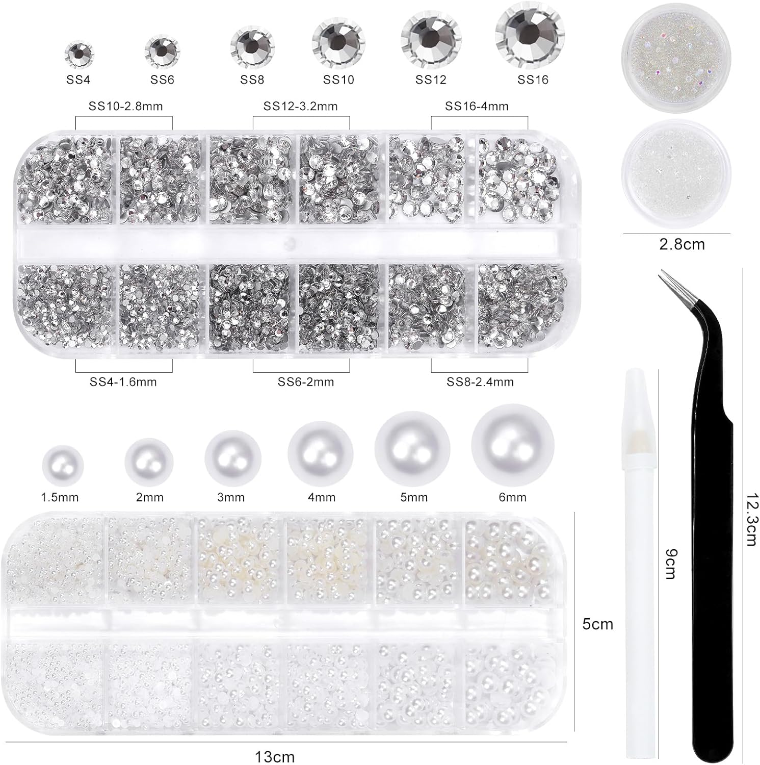 Flatback Rhinestones Half Pearls for Crafting, 1.6-4mm White Glass Rhinestones and 1.5-6mm Small Pearls for Bedazzling, Clothes and Nails Art-Velvo Beauty