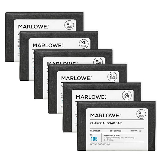 MARLOWE. No. 106 Charcoal Soap 7 oz (6 Bars) Body Bar Soap for Men, Cleansing, Purifying & Hydrating with Natural Extracts, Shea Butter, Olive Oil & Green Tea Extracts, Fresh Woodsy Scent-Velvo Beauty