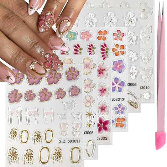Flower Nail Art Stickers 5D Embossed Nail Decals Spring Summer Colorful Flower Nails Design Self-Adhesive 3D Accessories for Women Nails DIY Decoration(6 Sheets)-Velvo Beauty