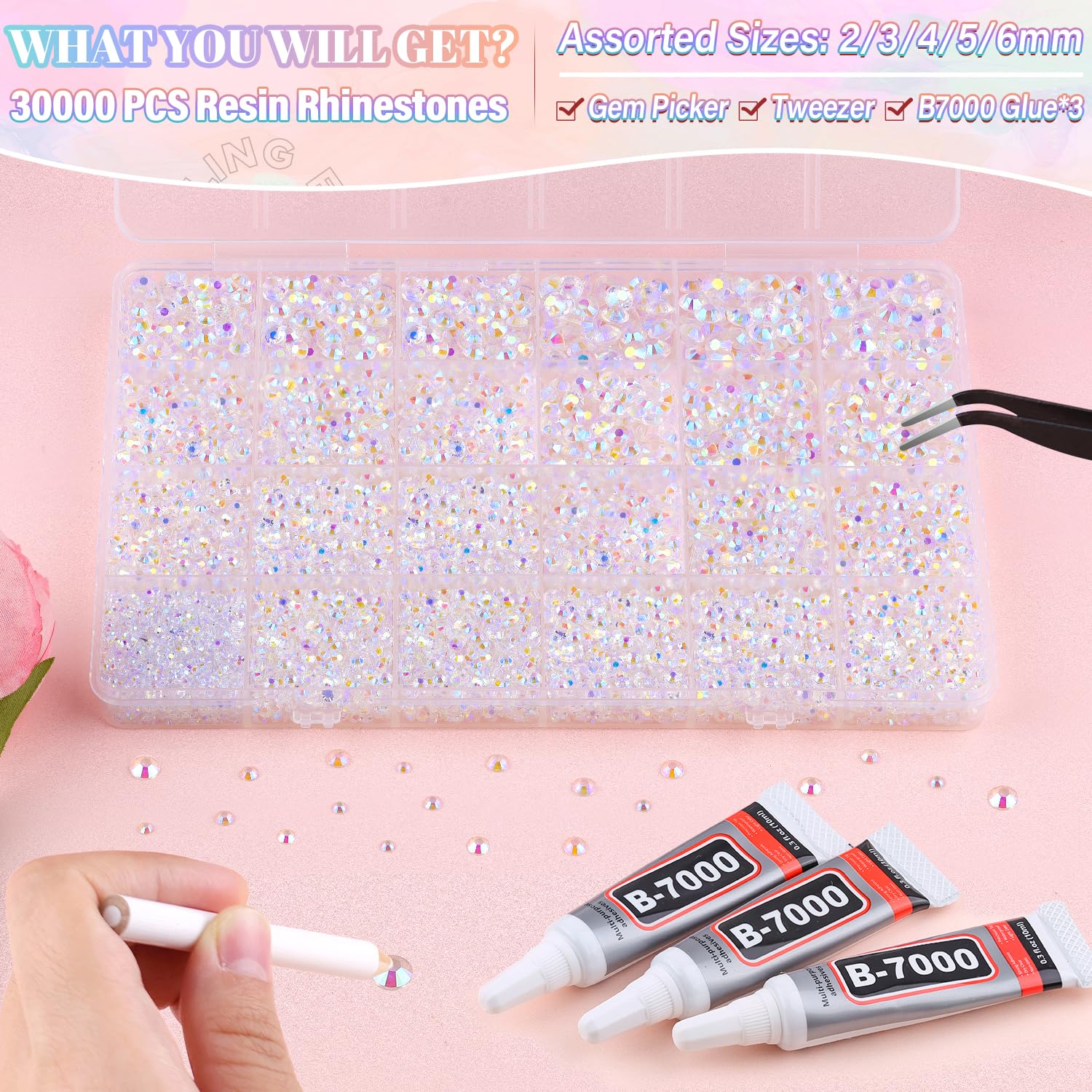 30000Pcs Resin Transparent AB Rhinestones for Bedazzling Crafting with b7000 Jewelry Glue, Bulk Flatback Gems Bedazzler Kit for Crafts Clothes Shoes Fabric Nail Diamond Art, Assorted Size 2/3/4/5/6mm-Velvo Beauty