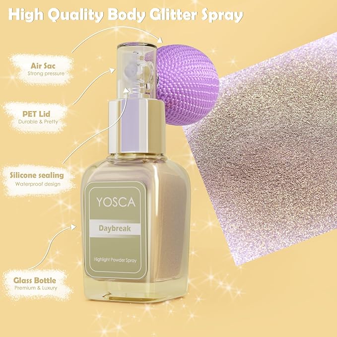 Highlighter Powder Spray, 20ML Cosmetic Grade High Gloss Body Shimmer Powder Fairy Dust Highlighter Sparkle Face Makeup Setting Magic Diamond Glitter Spray Shimmer Face Body Skin Hair Clothes-Velvo Beauty