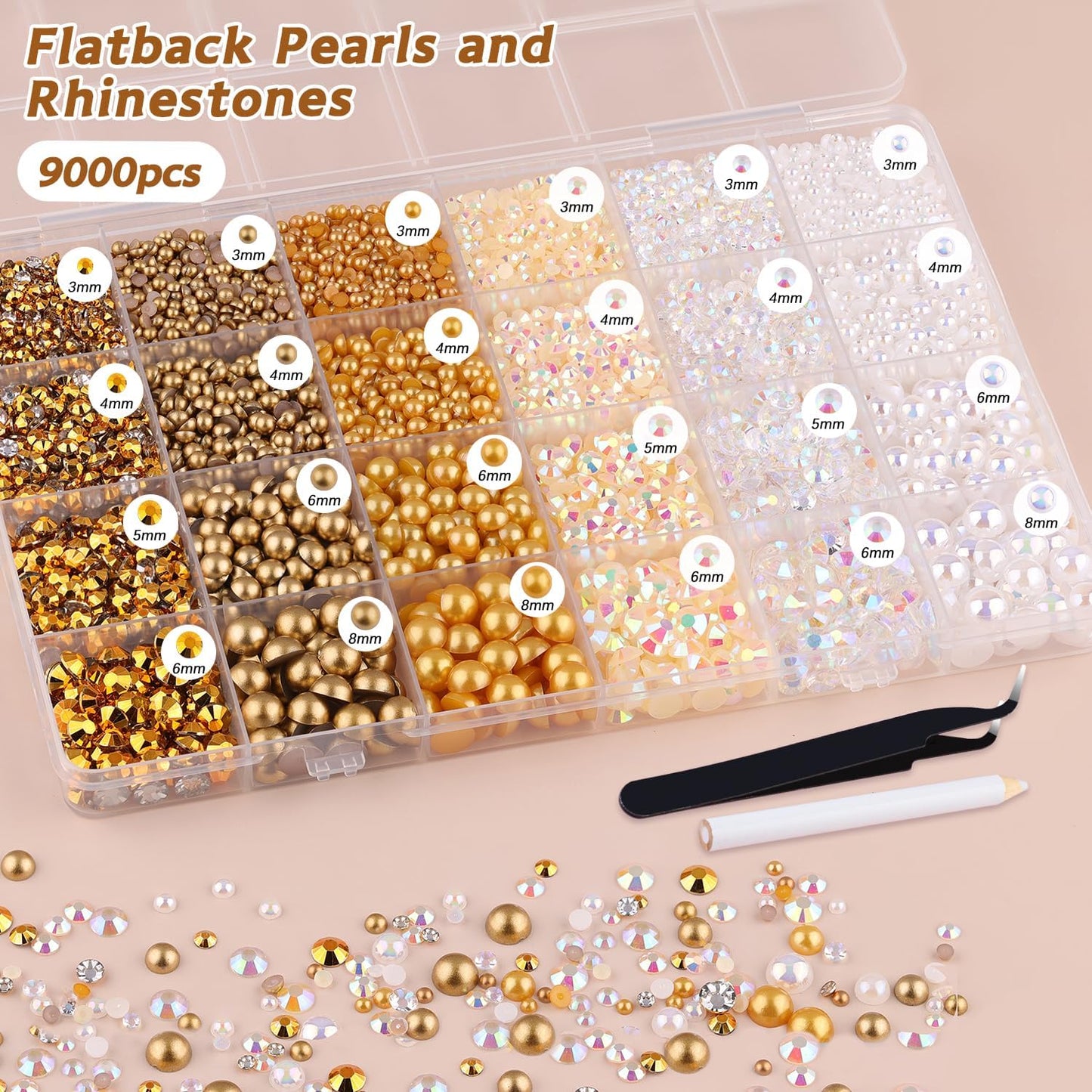 9000PCS Flatback Pearls and Rhinestones for Crafting, White Brown Mixed Size 3-10mm Resin Rhinestones and Half Pearls for Bedazzling, Nail Art and Decoration with Tweezer and Pickup Pencil-Velvo Beauty