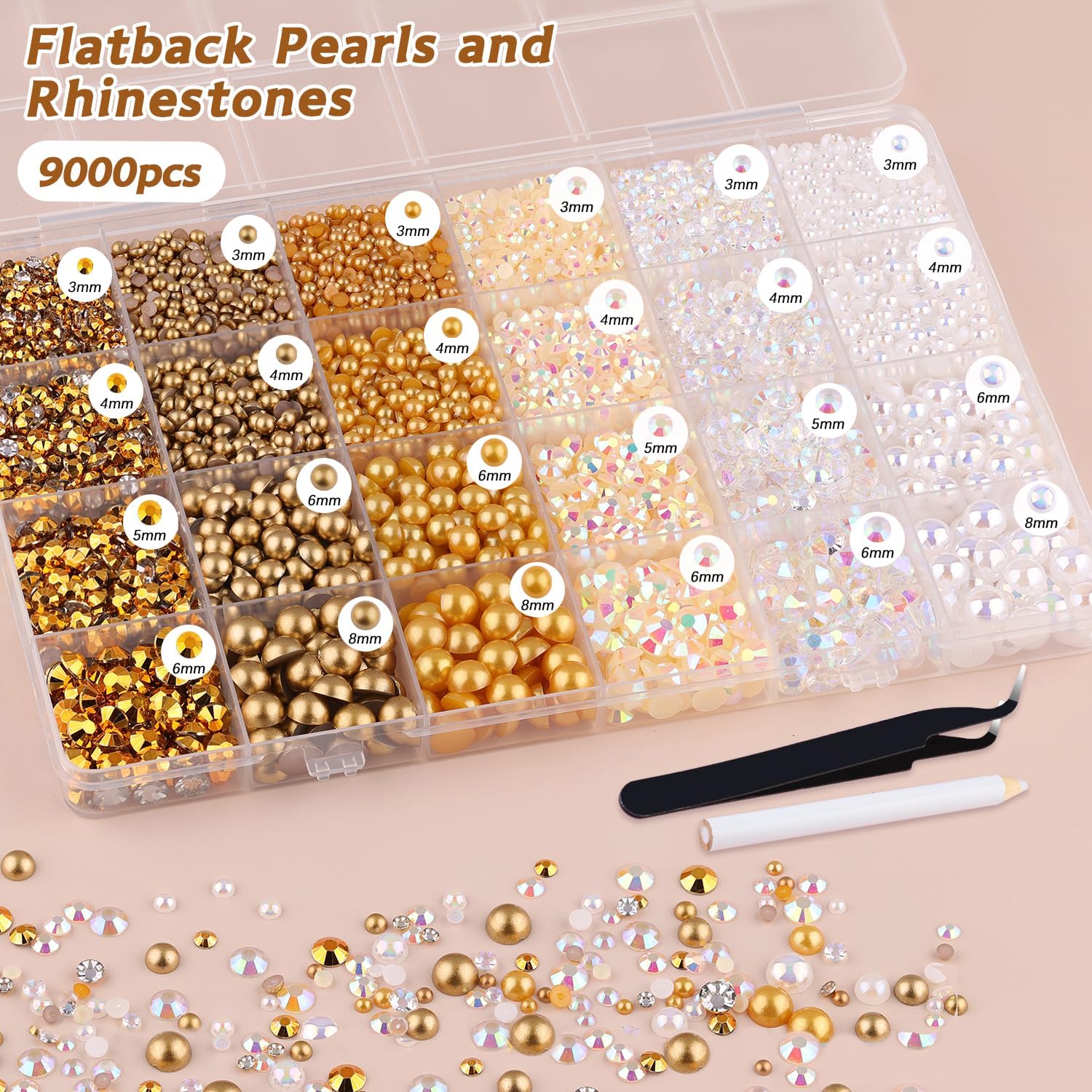 9000PCS Flatback Pearls and Rhinestones for Crafting, White Brown Mixed Size 3-10mm Resin Rhinestones and Half Pearls for Bedazzling, Nail Art and Decoration with Tweezer and Pickup Pencil-Velvo Beauty