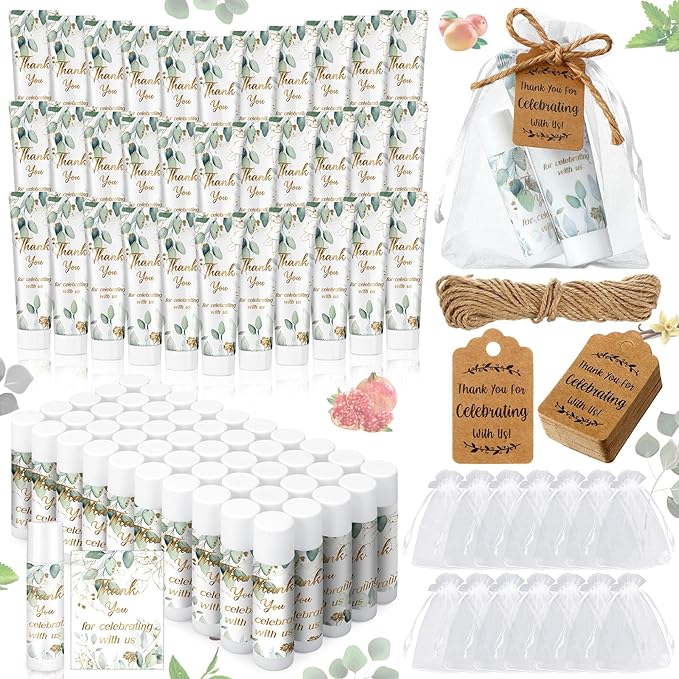 200 Pcs Baby Shower Wedding Party Favors Gift Set, 50 Pcs Baby Shower Hand Cream and 50 Lip Balm for Wedding Bridesmaid Guests Gift Supplies with 50 Organza Bag 50 Thank You Tag(Eucalyptus)-Velvo Beauty