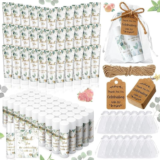 200 Pcs Baby Shower Wedding Party Favors Gift Set, 50 Pcs Baby Shower Hand Cream and 50 Lip Balm for Wedding Bridesmaid Guests Gift Supplies with 50 Organza Bag 50 Thank You Tag(Eucalyptus)-Velvo Beauty