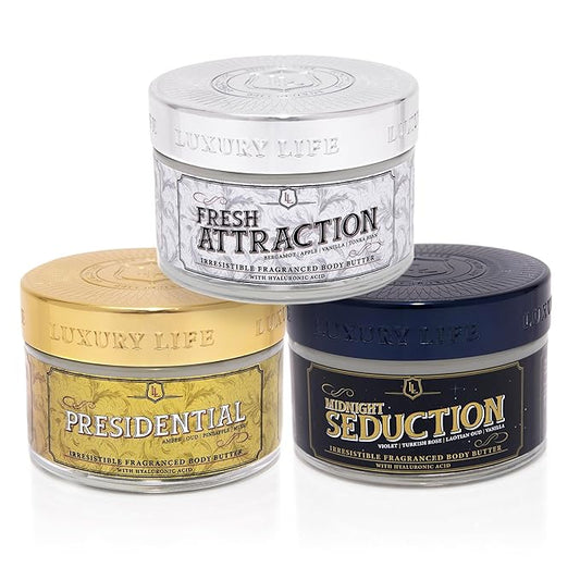 LUXURY LIFE BUTTER - Irresistibly Scented Body Butter with Hyaluronic Acid for Ultimate Moisture. Hydrates for a Non-Greasy Glamorous Glow (Presidential, Fresh Attraction, Midnight Seduction 5 oz)-Velvo Beauty