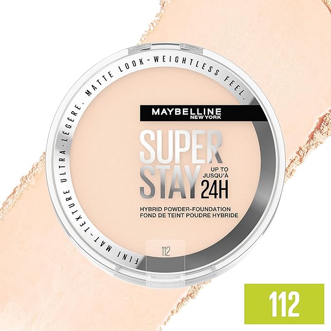 Maybelline Super Stay Up to 24HR Hybrid Powder-Foundation, Medium-to-Full Coverage Makeup, Matte Finish, 112, 1 Count-Velvo Beauty