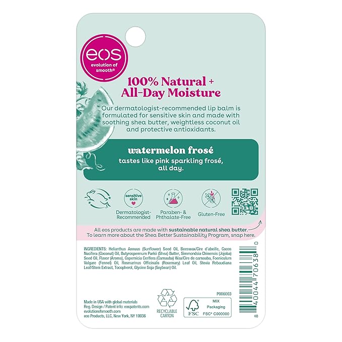 eos 100% Natural Lip Balm- Watermelon Frosé, Dermatologist Recommended for Sensitive Skin, All-Day Moisture Lip Care, 0.14 oz-Velvo Beauty