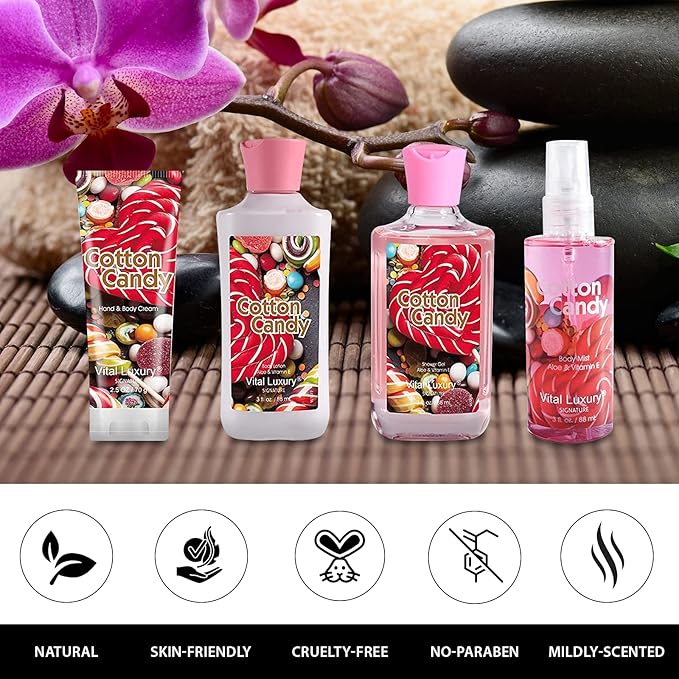 Cotton Candy Bath & Body Kit, 3 Fl Oz, Ideal Skincare Gift Home Spa Set, Includes Body Lotion, Shower Gel, Body Cream, and Fragrance Mist, Birthday Mother's Day Gifts-Velvo Beauty