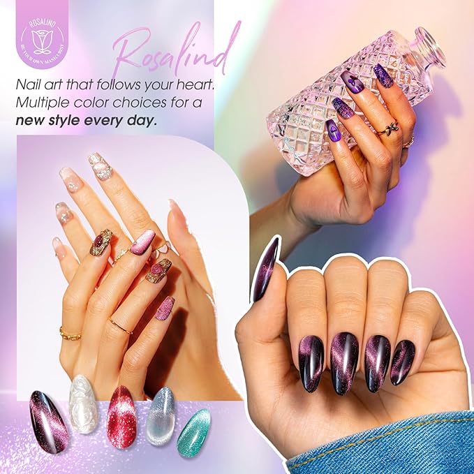 ROSALIND Cateye Gel Polish, 8 Colors Holographic Magnetic Cat Eye Gel Nail Polish Set with Magnet, Red Blue Purple Black Gel Polish Galaxy Collection Nail Art Gift DIY at Home-Velvo Beauty