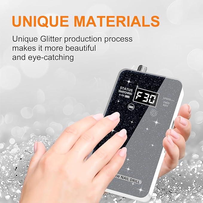 Professional Electric Nail Drill File:COSYGLOW Glitter Portable Cordless E-File Nail Drill Kit with 11 Drill Bits,30000 RPM Rechargeable Nail Drills Machine for Acrylic Nails Gel Polishing(Black)-Velvo Beauty