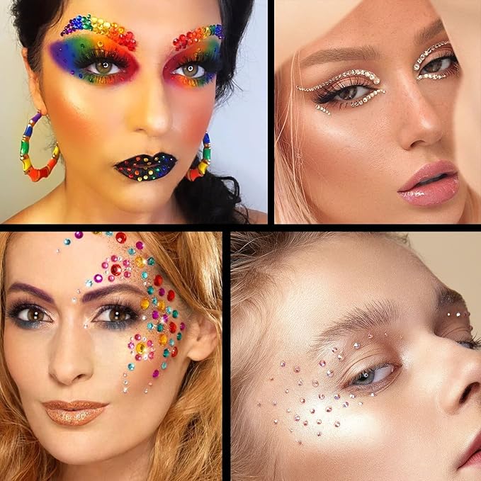 Flat Back Rhinestone Kits Colorful Rhinestones+Crystal AB&Transparent White Face Gems with Quick Dry Makeup Glue+Picker Pencil+Tweezer for Face Makeup and Nail Art-Velvo Beauty