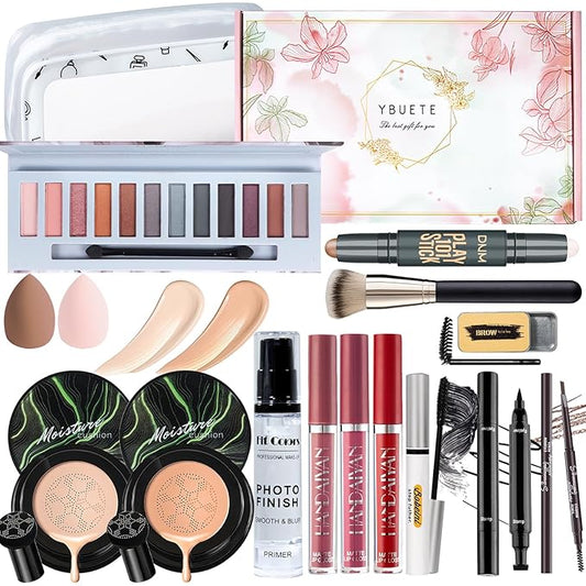 Makeup Kit Set for Women, Makeup Present for Women Teen Girl, Eyeshadow CC Cream Foundation Face Primer, Makeup Brush Sponge, Lipstick, Eyebrow Soap Pencil Mascara Eyeliner Cosmetic bag-Velvo Beauty