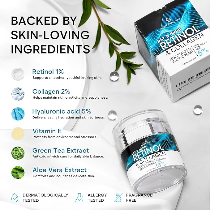 Face Moisturizer Retinol Cream, Anti Aging Neck Firming Cream, Collagen Day & Night Face Cream with Hyaluronic Acid for Women & Men, 1.85 Fl Oz-Velvo Beauty