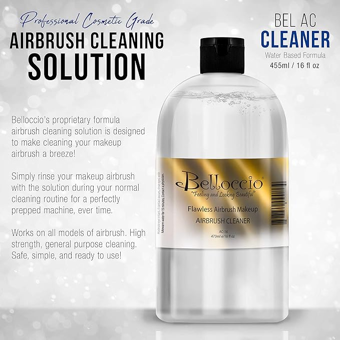 16 Ounce Bottle of Belloccio Makeup Airbrush Cleaner - Fast Acting Cleaning Solution, Quickly Cleans Flushes Out Airbrush Makeup Foundation, Blush, Highlighter - Clean Cosmetic Makeup Brushes, Paint-Velvo Beauty