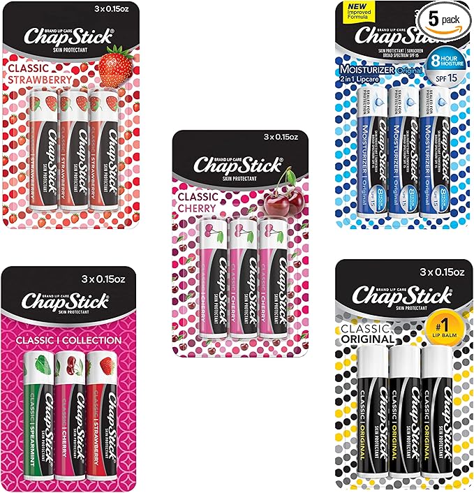 ChapStick Classic Collection Flavored Lip Balm Tubes Pack, Lip Moisturizer - 0.15 Oz (Box of 5 Packs of 3)-Velvo Beauty