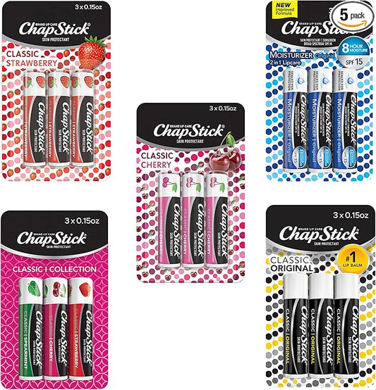 ChapStick Classic Collection Flavored Lip Balm Tubes Pack, Lip Moisturizer - 0.15 Oz (Box of 5 Packs of 3)-Velvo Beauty