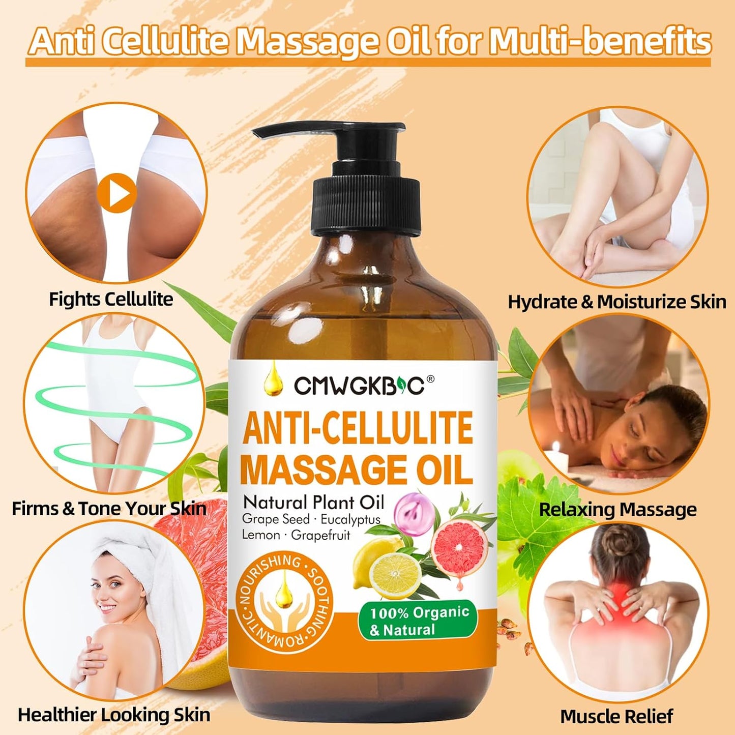 Anti Cellulite Oil Massage Oil for Massage Therapy,Body Oil for Skin Tightening & Cellulite Remover in Thighs and Butt,Cellulite Treatment Massage Oil,Assists with Firming,Toning & Moisturizes Skin-Velvo Beauty