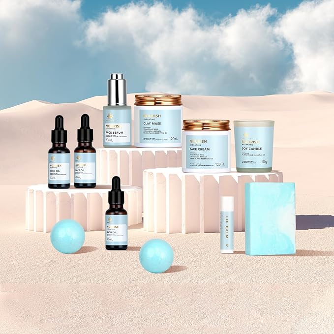 Spa Gift Set, 28pcs Ylang Facial Skin Care Set includes Face Cream, Bath Oil, Serum, Shower Accessories, Clay Mask. Bath & Body Set, Body & Facial Kit for Women & Men, Birthday, Christmas, Dad, Mom-Velvo Beauty