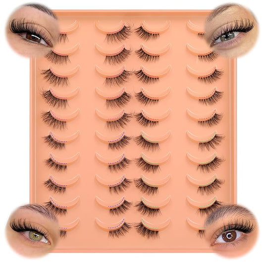 JIMIRE 20 Pairs Hlaf False Eyelashes with Clear Band Half Lashes Wispy Short Accent Lashes 4 Styles Mixed Cat Eye Mink Lashes Fluffy 3/4 Corner Fake Half Lashes Cat Eye Natural Look-Velvo Beauty