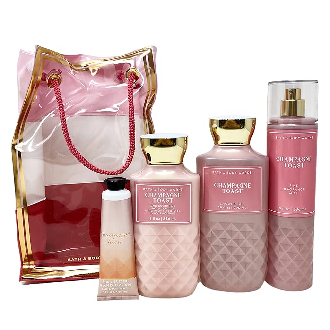 Bath and Body Works CHAMPAGNE TOAST Gift Bag Set - Body lotion - Shower Gel and Fine Fragrance Mist Plus a Shea Butter Hand Cream arranged inside a transparent gift bag-Velvo Beauty