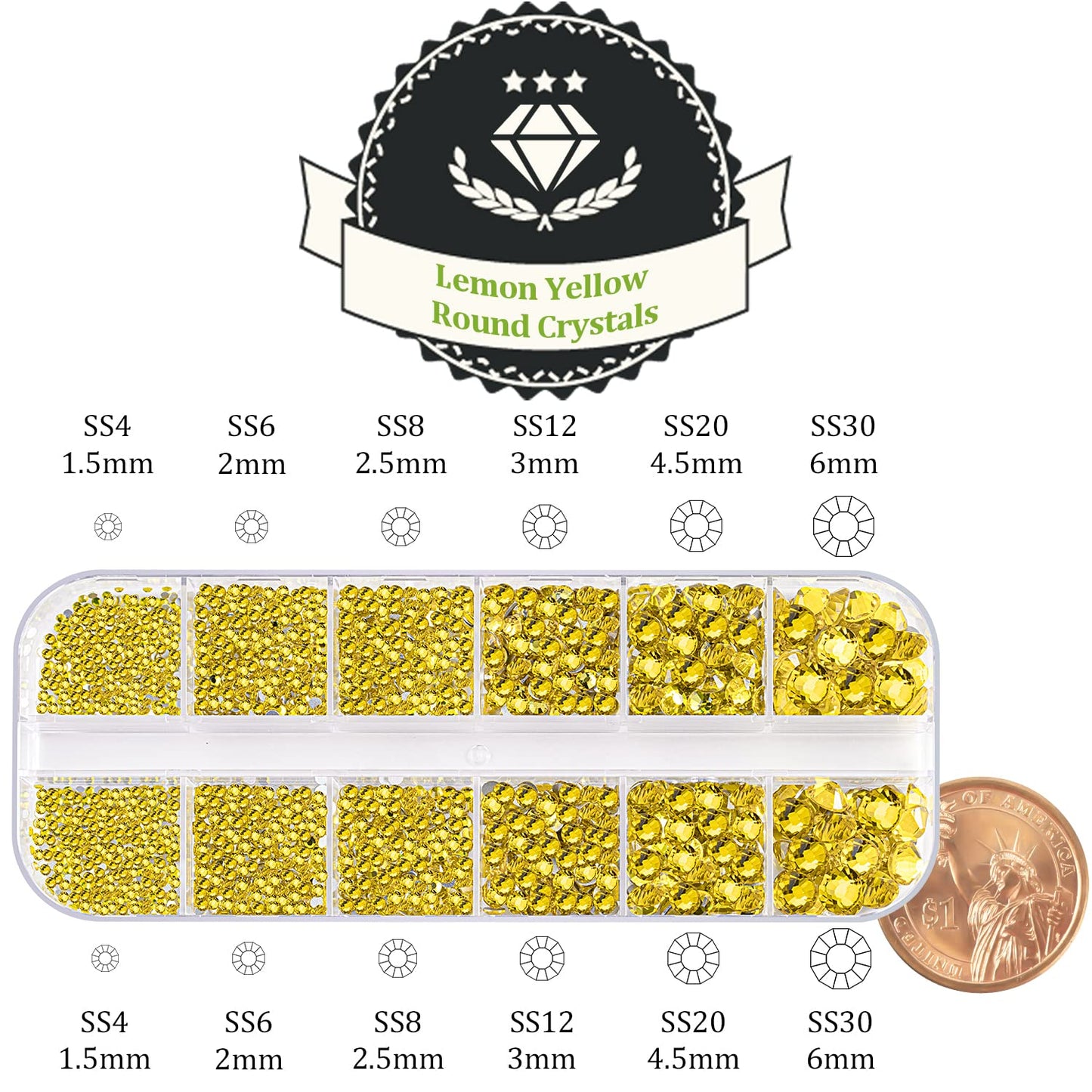 One Pack 2000 Pcs of Flatback Round Lemon Yellow Rhinestones 6 Sizes (1.5-6 mm) with Nail Art Rhinestone Picker Pencil and Tweezer for DIY and Salon Use-Velvo Beauty