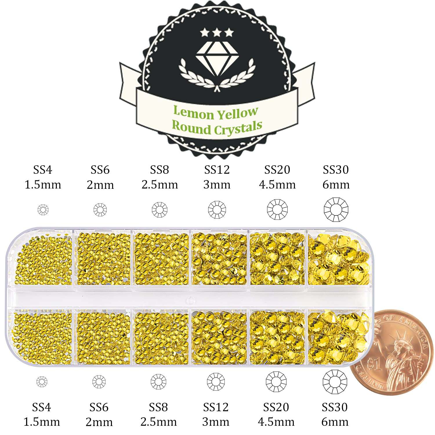 One Pack 2000 Pcs of Flatback Round Lemon Yellow Rhinestones 6 Sizes (1.5-6 mm) with Nail Art Rhinestone Picker Pencil and Tweezer for DIY and Salon Use-Velvo Beauty