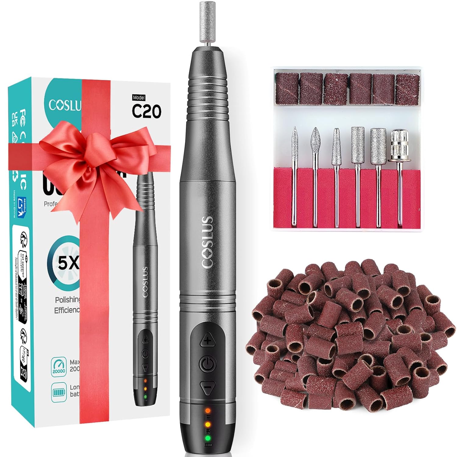 COSLUS Cordless Nail Drill Electric File: Professional for Acrylic Gel Dip Powder Nails Portable Nail Drill Machine Kit for Manicure Pedicure Nail Set with Everything Rechargeable Lightweight-Velvo Beauty