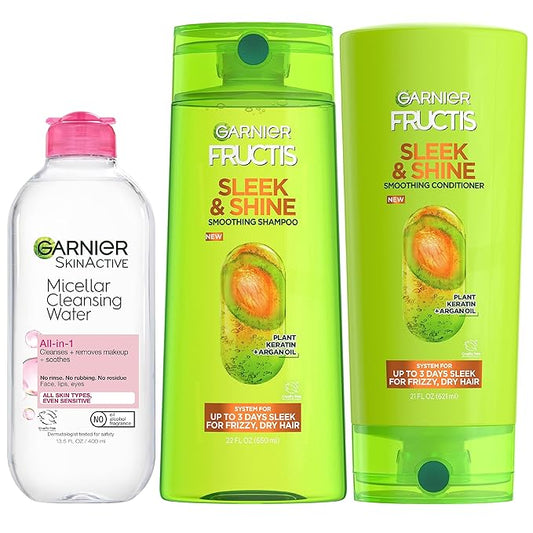 Garnier Back to School Bundle|Micellar Water (400mL) + Fructis Sleek & Shine Shampoo (22 Fl Oz), Conditioner (21 Fl Oz) (3 Items), 1 Kit (Packaging May Vary)-Velvo Beauty
