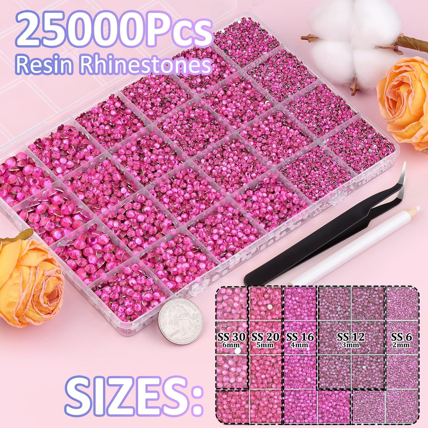 25000Pcs Resin Rhinestones with Tweezers for Crafting, Hot Pink 2-6mm Mixed Sizes Bedazzling Crystal with 3Pcs 10ml B7000 Jewelry Glue for DIY Crafts Clothing Tumblers Shoes Fabric Nail Art-Velvo Beauty