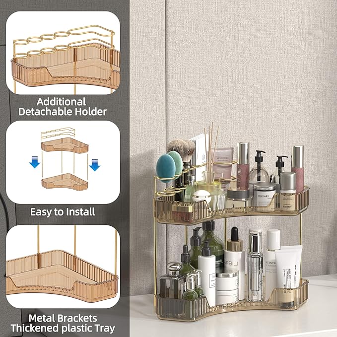 Corner Bathroom Counter Organizer with Top Toothbrush Holders, 2-Tier Make Up Organizers for Vanity with Brush Holder, Corner Storage for Bathroom, Kitchen, Dresser-Velvo Beauty