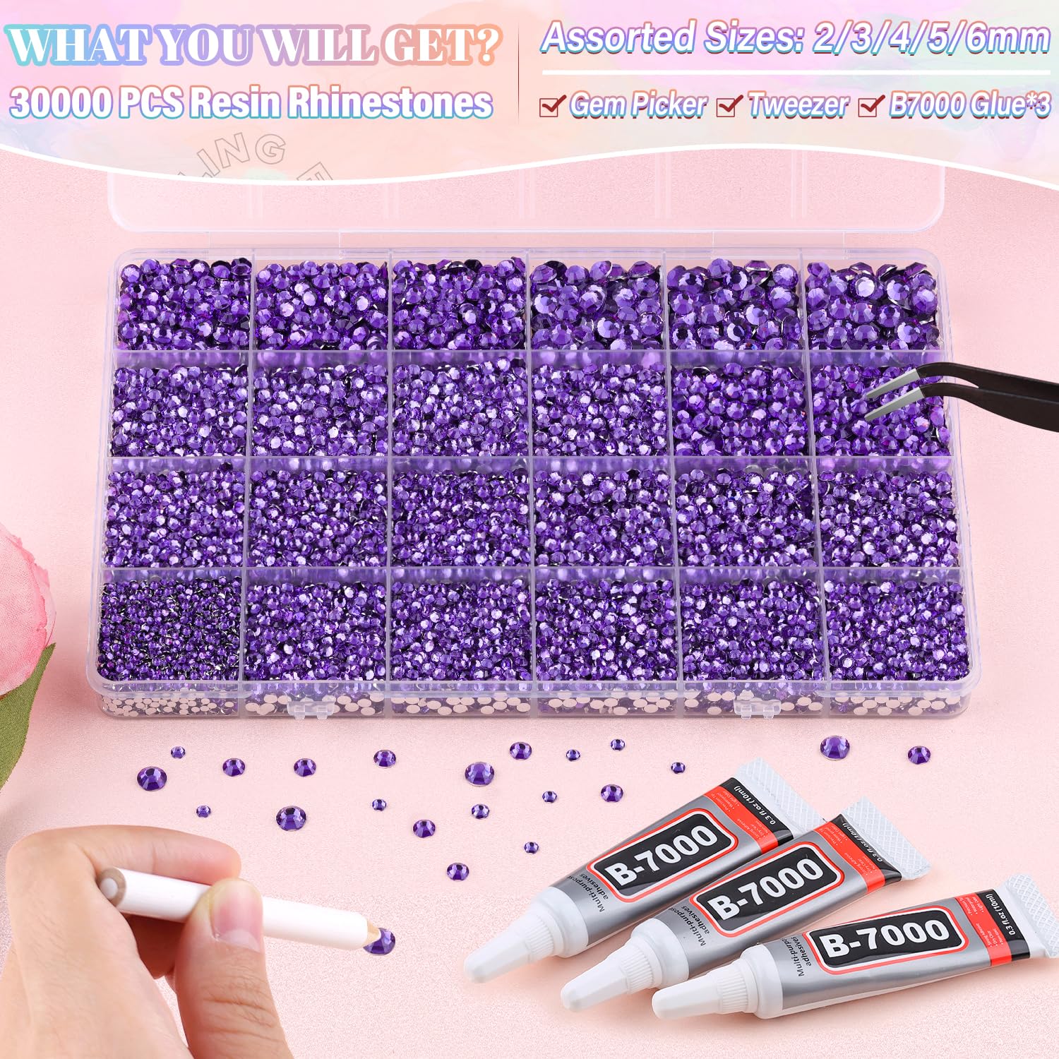30000Pcs Resin Purple Rhinestones for Bedazzling Crafting with b7000 Jewelry Glue, Bulk Flatback Gems Bedazzler Kit for Crafts Clothes Shoes Fabric Nail Diamond Art, Assorted Size 2/3/4/5/6mm-Velvo Beauty