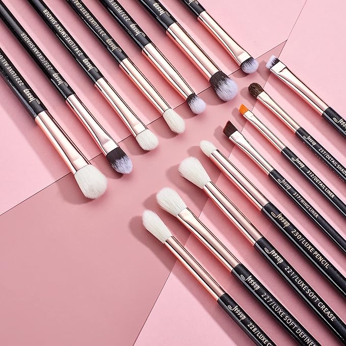 Jessup 15Pcs Professional Makeup Brushes Set Make up Brush Tools kit Eye Liner Shader Wood Handle Natural-synthetic Hair Brushes Pearl Black/Rose Gold T157-Velvo Beauty