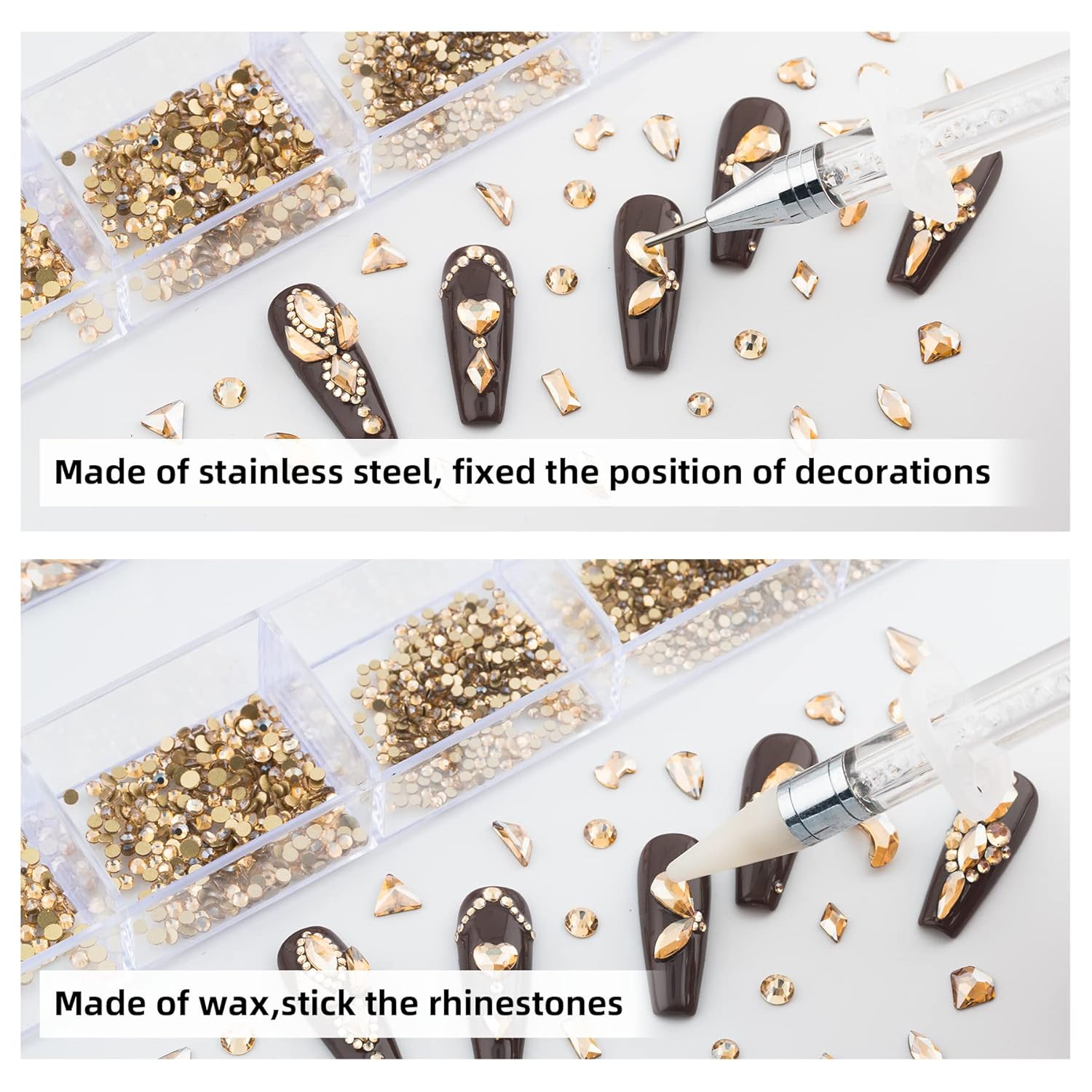 Nail Rhinestones Kit, Nail Art Decorations with Wax Pencil Flat AB Rhinestones Kit DIY Crafts Gemstones for Nail, Shoes, Clothes, Jewels (600 Champagne diamonds + 2500 flat rhinestones)-Velvo Beauty