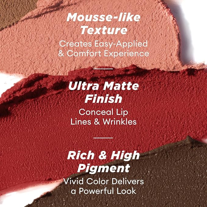 ITY Velvet Matte Finish Lip Stain-Mousse Textured Lip Clay, Red Shade, Conceals Lip Lines, Rich Pigment Lip Tint Lipsticks, 0.14 oz (4g) in Earthy, Ruby.-Velvo Beauty