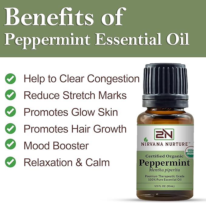 Peppermint Essential Oil USDA Certified Organic 100% Pure Premium Therapeutic Grade, Undiluted - Aromatherapy Diffuser for Calm and Relaxation, Skin Care, Hair Care-Velvo Beauty