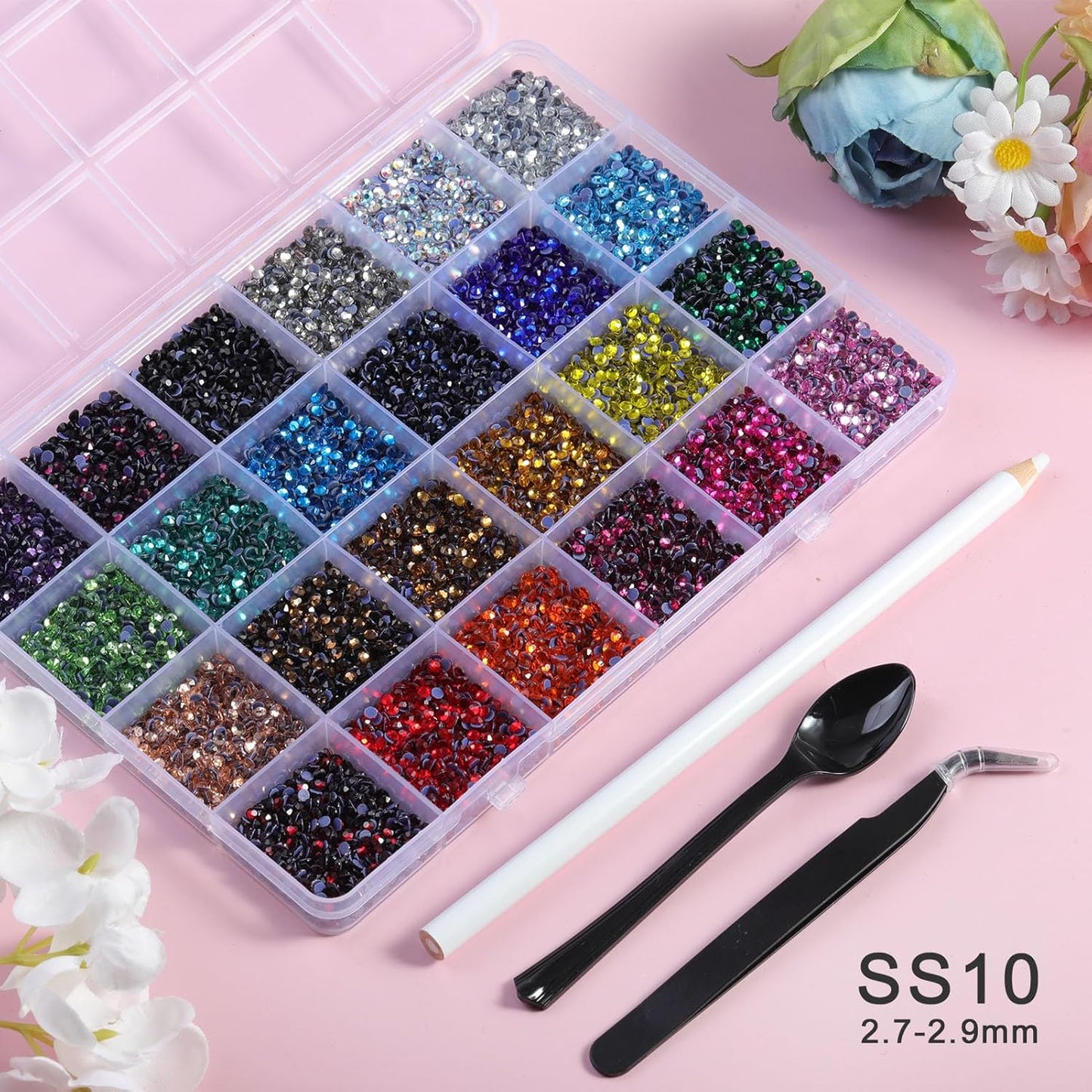 Hotfix Rhinestones Mixed 24 Colors, SS10 Rhinestones for Crafts Clothes, Hotfix Crystals with 1 Tweezers, 1 Wax Pencil and 1 Spoon-Velvo Beauty