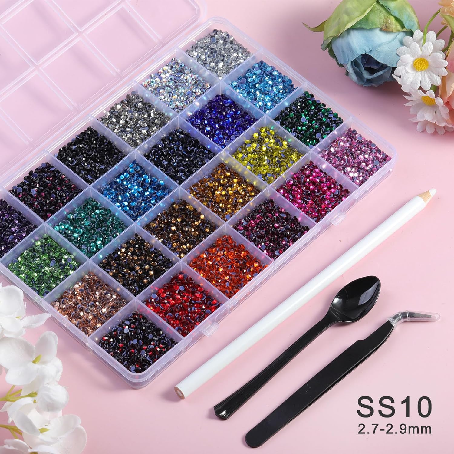 Hotfix Rhinestones Mixed 24 Colors, SS10 Rhinestones for Crafts Clothes, Hotfix Crystals with 1 Tweezers, 1 Wax Pencil and 1 Spoon-Velvo Beauty