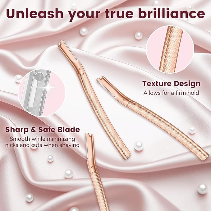 Eyebrow Razor-Face Razors for Women-Dermaplaning Tool for Face Exfoliation & Peach Fuzz with 12 Refill Blades-Facial Dermaplane Razors Shaver-Rose Gold-Velvo Beauty