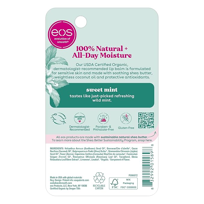 eos 100% Natural & Organic Lip Balm- Sweet Mint, Dermatologist Recommended, All-Day Moisture Lip Care, Made for Sensitive Skin, 0.14 oz-Velvo Beauty