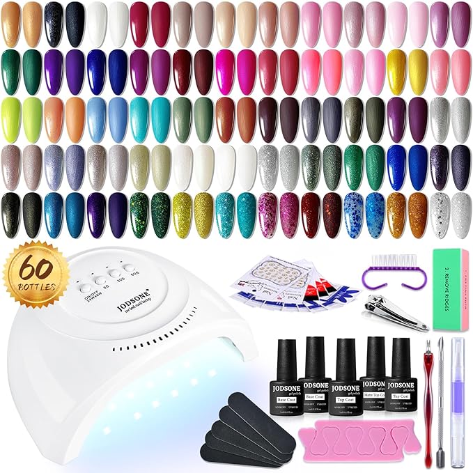 JODSONE 60 PCS Gel Nail Polish Starter Kit With U V Light 55 Kinds Of Color Glitter Gel Polish No Wipe Base And Glossy Matte Top Coat Easy To Apply-Velvo Beauty